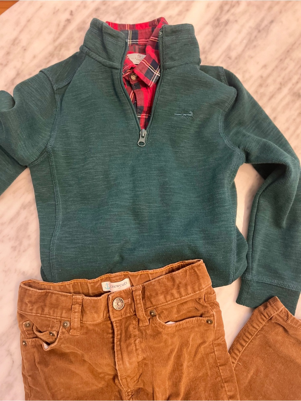 Boys quarter zip sweater, plaid shirt, and corduroy outfit